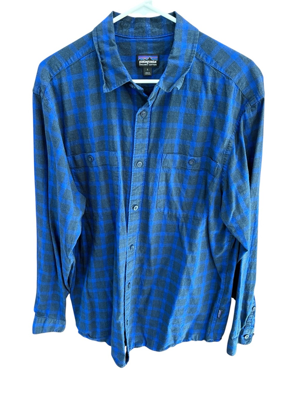 Patagonia Mens Organic Cotton Plaid Long Sleeve Blue Black Size L